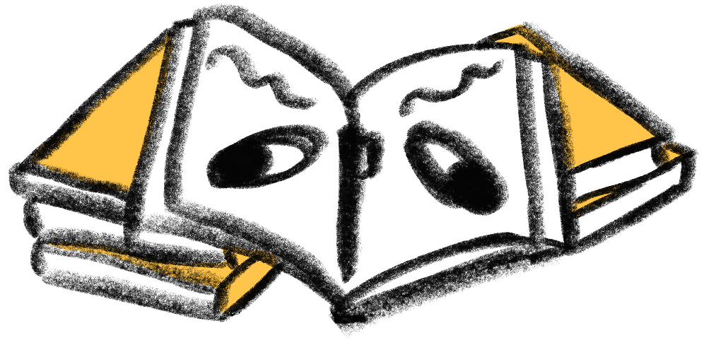 a pile of books with eyes and a pen for a nose