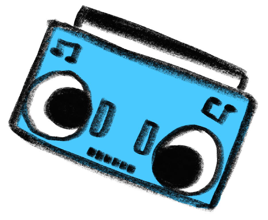 a boombox with silly eyes